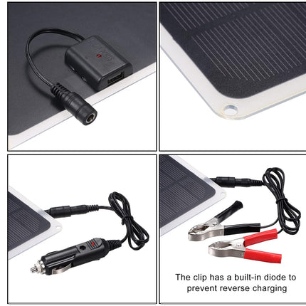 Solar panel with charging cable and connectors on a white background