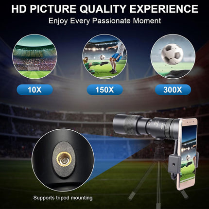 Smartphone with camera lens extension showing sports scenes and text about HD picture quality.