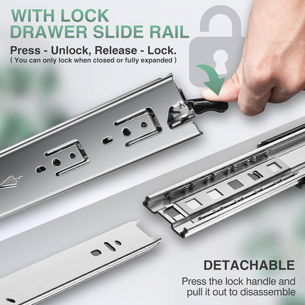 Drawer slide rail system with lock mechanism and hand demonstrating operation.