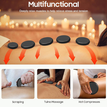 Person receiving a massage with stones and text about multifunctional massage therapy.