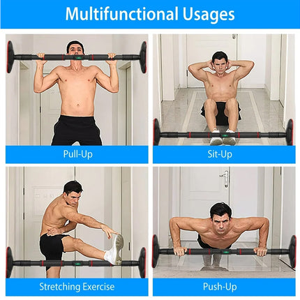 Multifunctional exercise bar with various exercises demonstrated by a person.