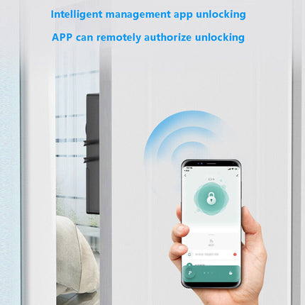 Smart lock system with smartphone app unlocking on a white door