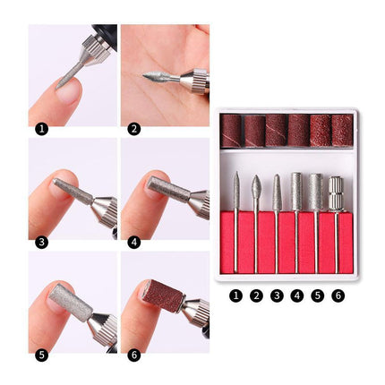A nail drill bit set shown with six numbered close-up usage steps on the left and the product box and bits on the right, on a white background.