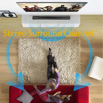 An overhead living room scene showing a TV mounted on a wall above a sofa, with a soundbar in front of the TV. Blue circular arrows and the text 'Stereo Surround Channel' indicate sound coverage over a rug and people sitting on a red sofa below.