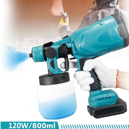 A cordless paint sprayer with a teal and black body, a white spray bottle filled with blue liquid, and a white work glove on a person's hand. A blue text banner at the bottom reads '120W/800ml'.