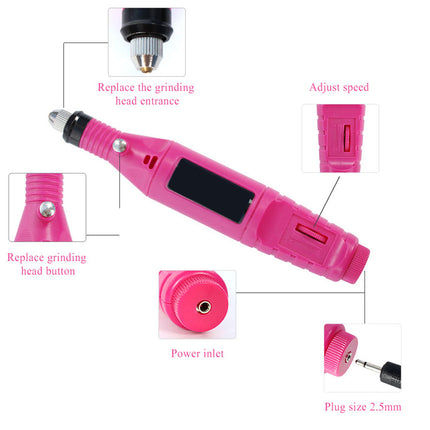 Pink electric rotary pen grinder shown on a white background with callout inset images and text labels for the grinding head entrance, speed adjustment, grinding head button, power inlet, and 2.5mm plug.