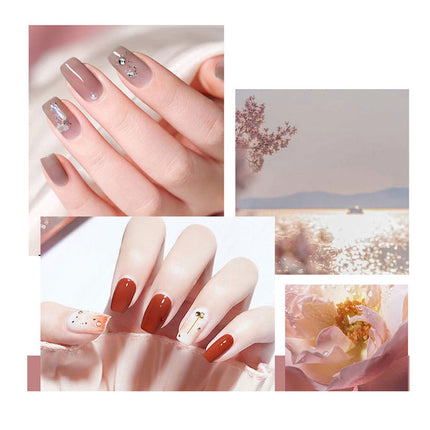 A four-panel collage showcasing different nail art designs and manicure styles. The top-left panel shows nude beige nails with silver glitter accents.