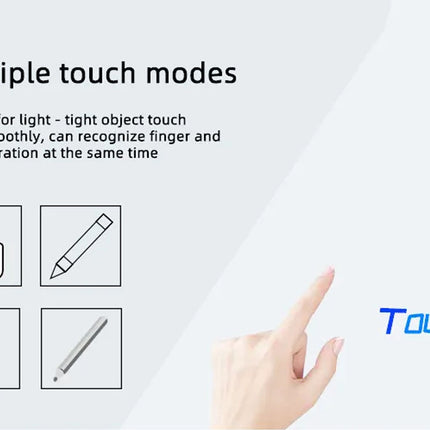 A promotional graphic for a touch-sensitive tablet or stylus interface, showing the text 'Multiple touch modes' and feature callouts for light and tight object touch, with icons for touch, pen, wireless touch, and pen modes. A human hand is shown pointing toward the right side where the word 'TOUCH' appears in blue.