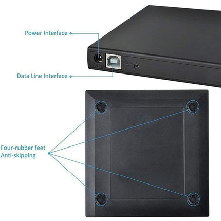 Black electronic device with labeled power interface, data line interface, and anti-skipping feet on a white background.