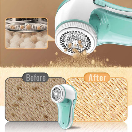 Fabric shaver with 'Before' and 'After' comparison on a textured surface