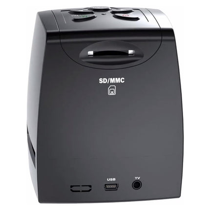 Black electronic device with SD/MMC, USB, and TV ports on a white background