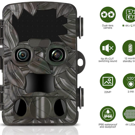 Camouflage-patterned wildlife camera with feature icons on a white background