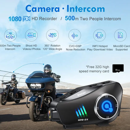 Motorcycle intercom with features listed on a blue background