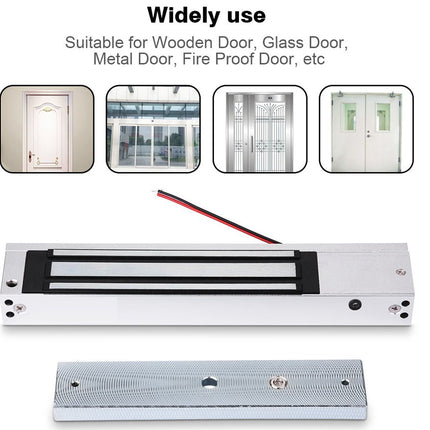 Door security device with text indicating suitability for various door types on a white background