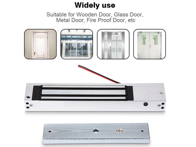 Door security device with text indicating suitability for various door types on a white background