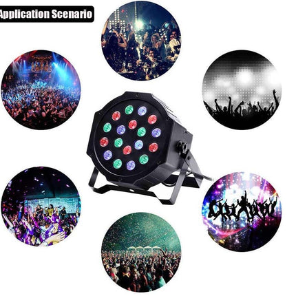 LED stage light with application scenarios including concerts and parties on a white background
