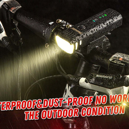 Bicycle light attached to a bike handlebar with text highlighting waterproof and dust-proof features.