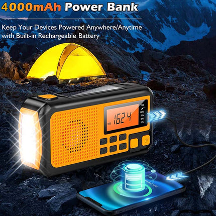 An orange and black portable power bank radio shown in a camping scene with a glowing tent, rocky mountains, a phone charging, and text reading '4000mAh Power Bank'.