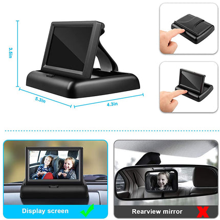 Black car rearview mirror with an integrated digital display screen, shown with dimension labels, inset photos of hands adjusting the mirror, and comparison images of the display screen and rearview mirror.