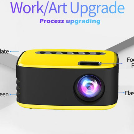 Yellow and black projector with labeled parts on a gray background
