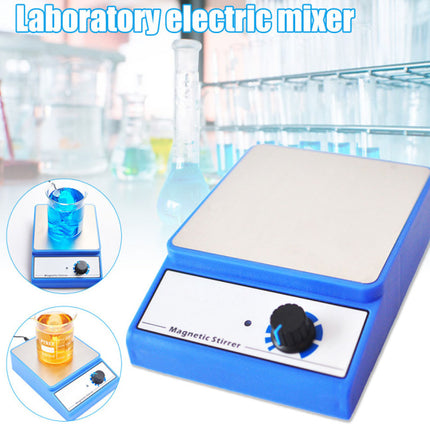 A blue and white laboratory electric magnetic mixer shown on a white background with two circular inset photos demonstrating use with a beaker and a flask, and the text 'Laboratory electric mixer' at the top.