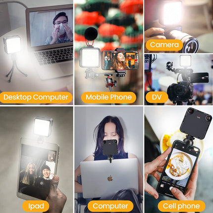 Collage of various devices with a camera light attachment on a white background