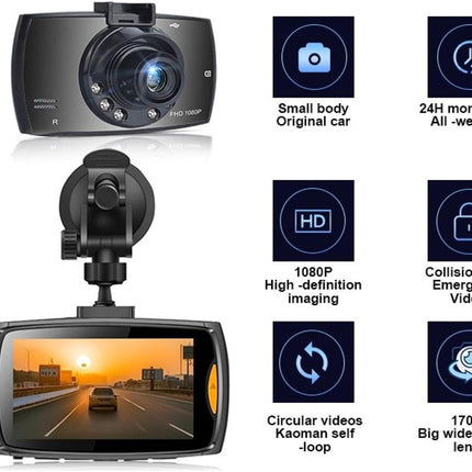 Car dashboard camera with features listed on a white background