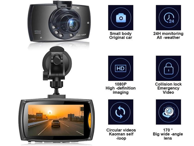 Car dashboard camera with features listed on a white background