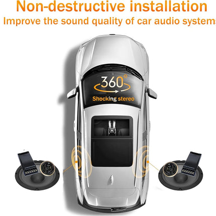 Top-down view of a silver car with two black car audio sensors placed near the front wheel arches, plus orange text reading 'Non-destructive installation' and 'Improve the sound quality of car audio systems.'.