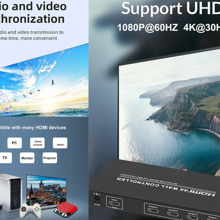 HDMI switcher with support for UHD resolution and synchronization features.