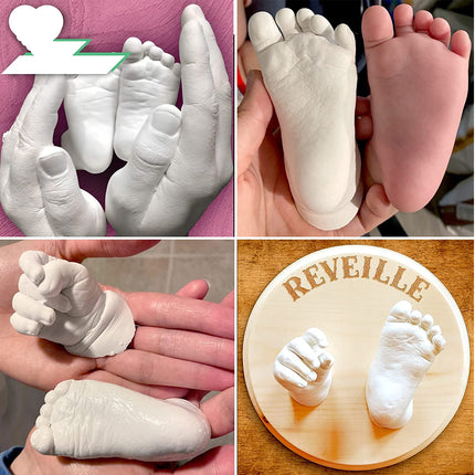 Collage of baby footprints made from clay, with a 'Reveille' branded plaque.