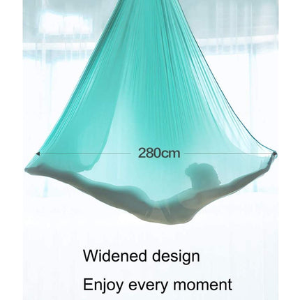 Turquoise aerial yoga hammock with dimensions and text on a white background