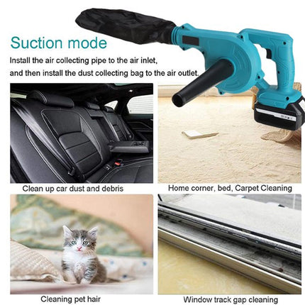 A collage showing a cordless leaf blower in suction mode, with a large product shot at the top and four smaller usage examples below: cleaning a car seat, carpet in a home corner, pet hair, and a window track gap. Text explains how to install the air collecting pipe and dust collecting bag.