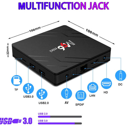 Black electronic device with multiple ports and specifications on a white background