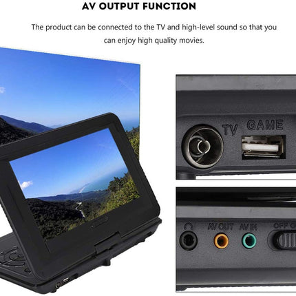Product with screen displaying mountain view and close-up of AV output ports on a white background.