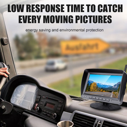 Car dashboard with a monitor displaying a scenic view, with text about low response time and energy saving.