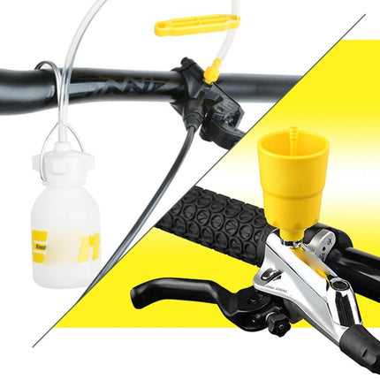 Close-up of bicycle handlebar components including a brake lever and water bottle holder on a yellow background.