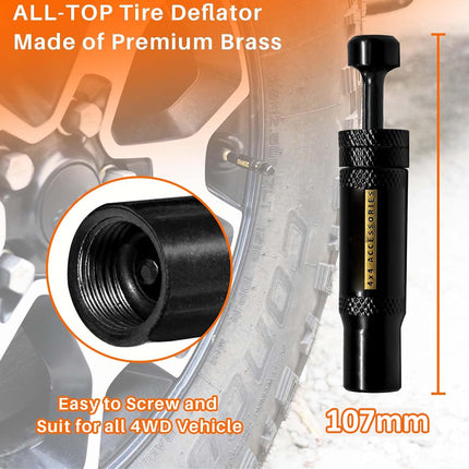 A black brass tire deflator tool shown on a white background with a blurred tire and wheel graphic. The image includes orange text reading 'ALL-TOP Tire Deflator Made of Premium Brass,' a circular inset showing the threaded opening, and a height measurement of 107mm.