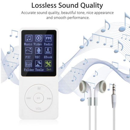 White music player with display and headphones on a white background with sound wave graphics.
