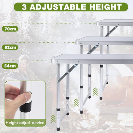 Set of adjustable height folding tables with a hand holding a height adjust device.