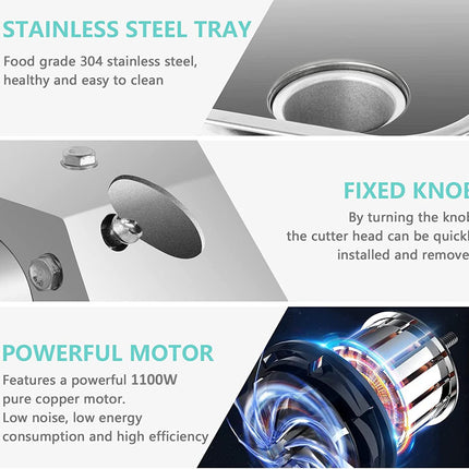 Stainless steel tray with fixed knob and powerful motor features on a white background