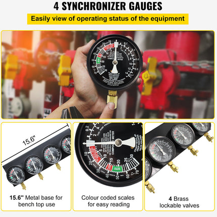 Synchronizer gauges with hand holding one, showing metal base, color-coded scales, and brass lockable valves.