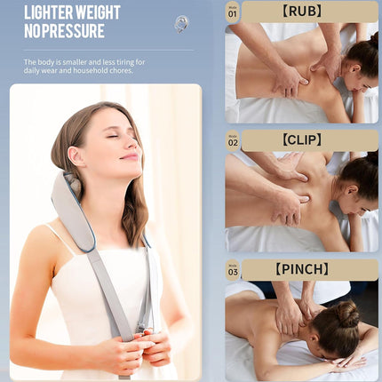 Woman using a neck and shoulder massager with instructions on how to use it.