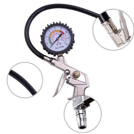 A metal air hose pressure gauge tool with a black hose and pressure gauge, shown on a white background with three circular detail callouts highlighting the clamp, hose, and connector.