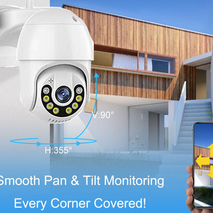 A white dome security camera shown mounted on a wall, with blue overlay graphics indicating a 355-degree horizontal and 90-degree vertical coverage. A hand holding a smartphone appears in the lower right corner, and a house exterior is pictured in the background.