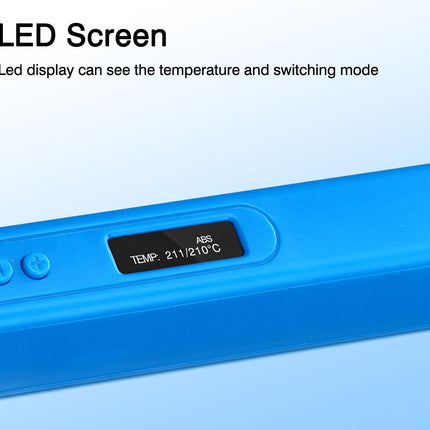 Close-up of a blue electronic device showing an LED screen that displays temperature and switching mode, with text at the top reading 'LED Screen'.