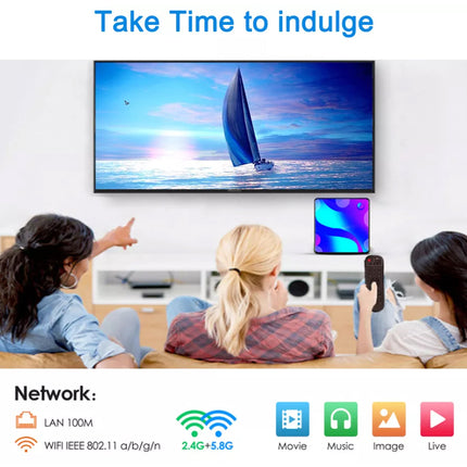 A promotional graphic for a smart TV and streaming app, showing three people sitting on a couch in a living room, pointing at and using a smartphone app on a small floating screen overlay. The top text reads 'Take Time to indulge' and the bottom section lists network specs and app icons for movie, music, image, and live streaming.