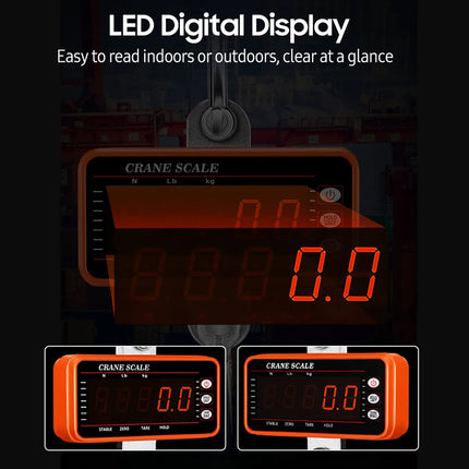 LED digital display with crane scale branding, showing '0.0' on a dark background.