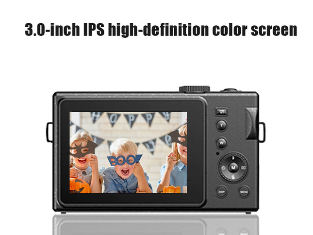 Camera with a 3.0-inch IPS high-definition color screen displaying children wearing Halloween masks.