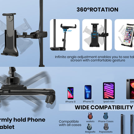Phone and tablet holder with 360-degree rotation on a blue background